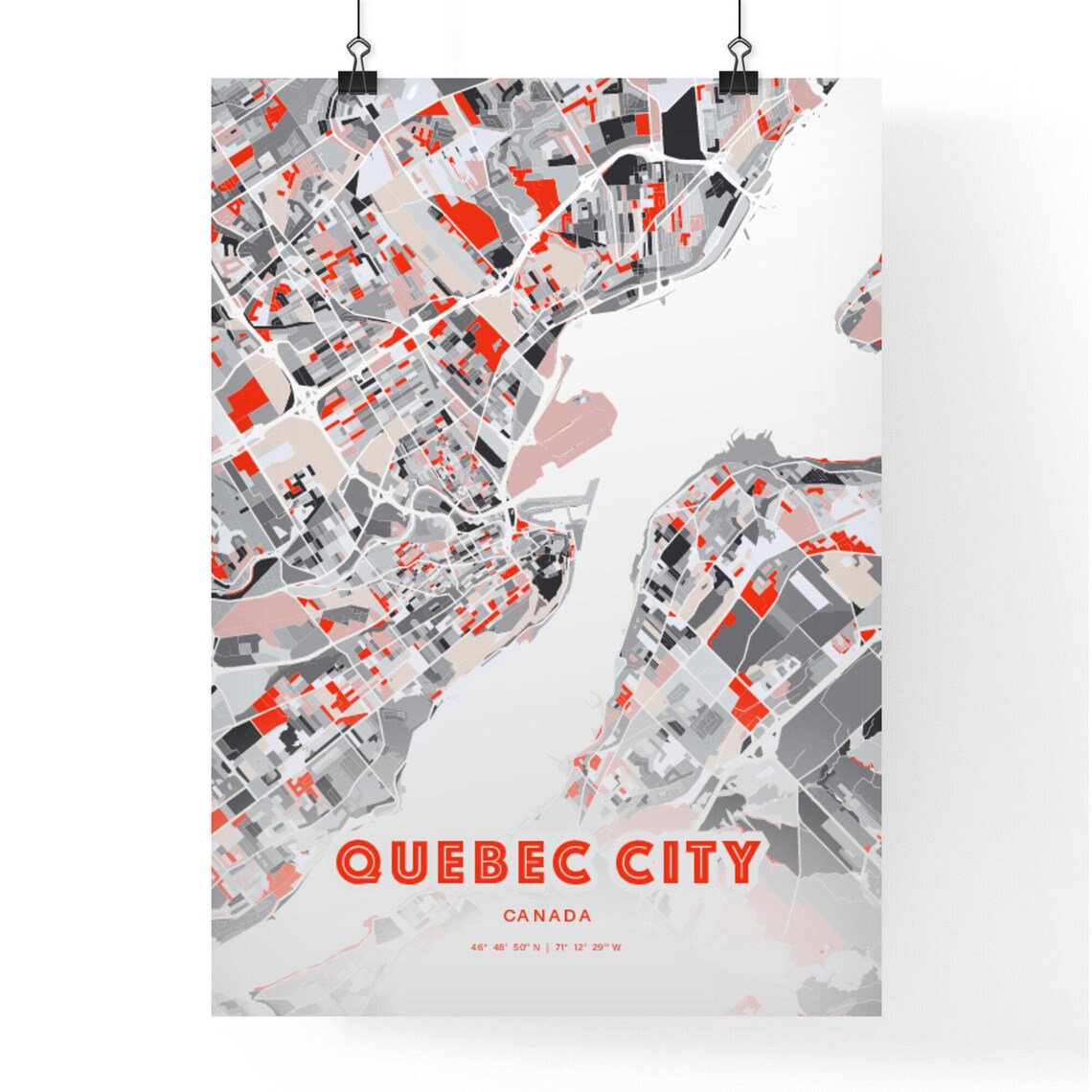 Quebec City Canada Modern Red Gray Expressive City Map Poster Customizable - Image 3