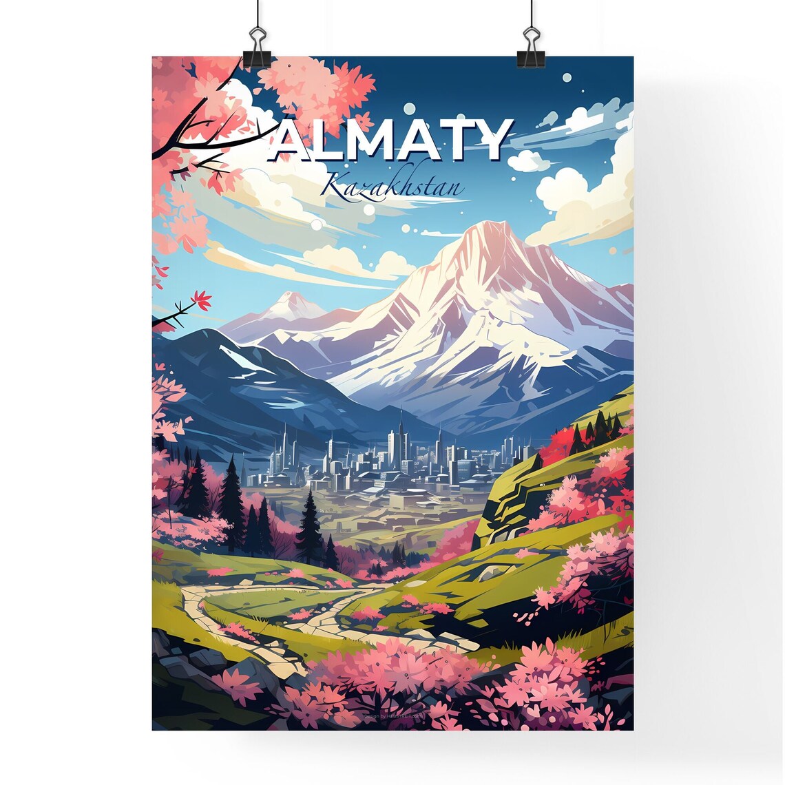 Almaty Kazakhstan Snow Capped Mountain Cherry Blossom Travel Poster - Image 4