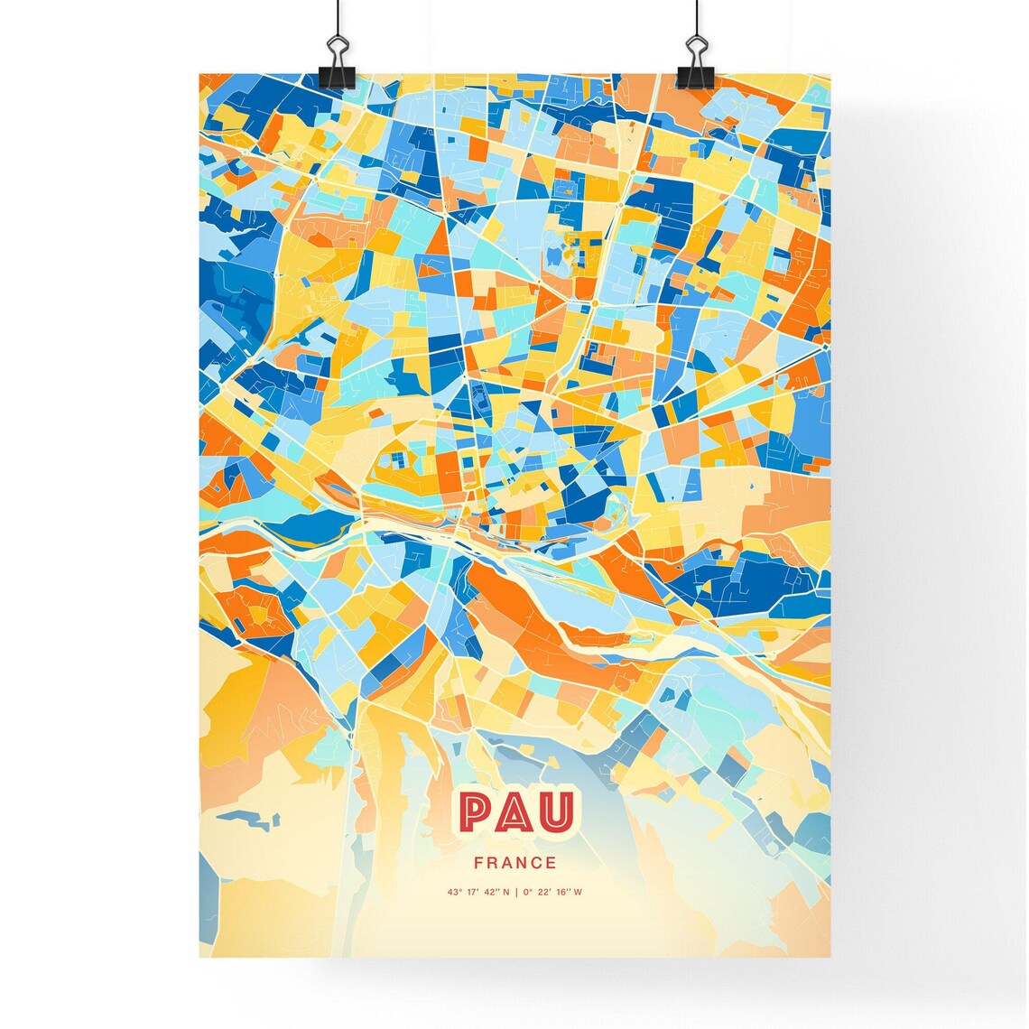 Pau France Colorful Blue and Orange Retro City Street Map Wall Art - Image 3