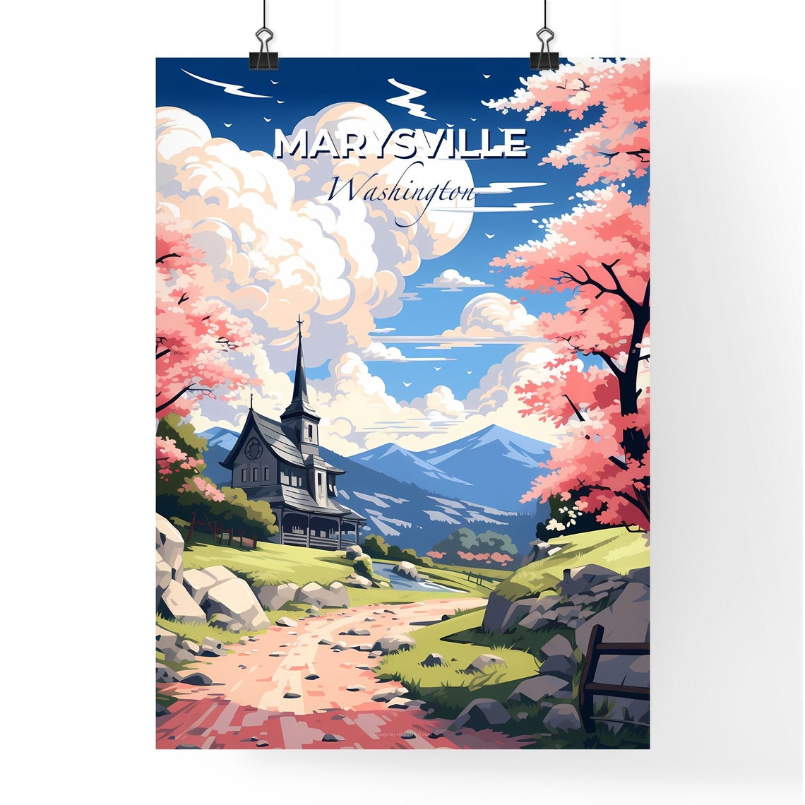 Marysville Washington Mountain Church Spring Blossom Travel Poster - Image 4
