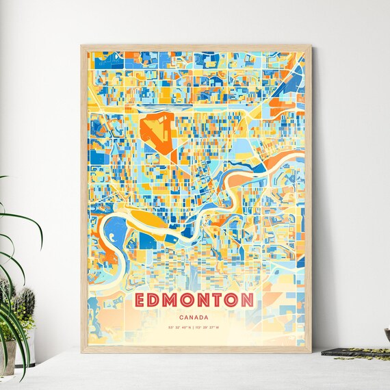 Edmonton Canada Colorful Blue Orange City Street Map Coordinates Poster