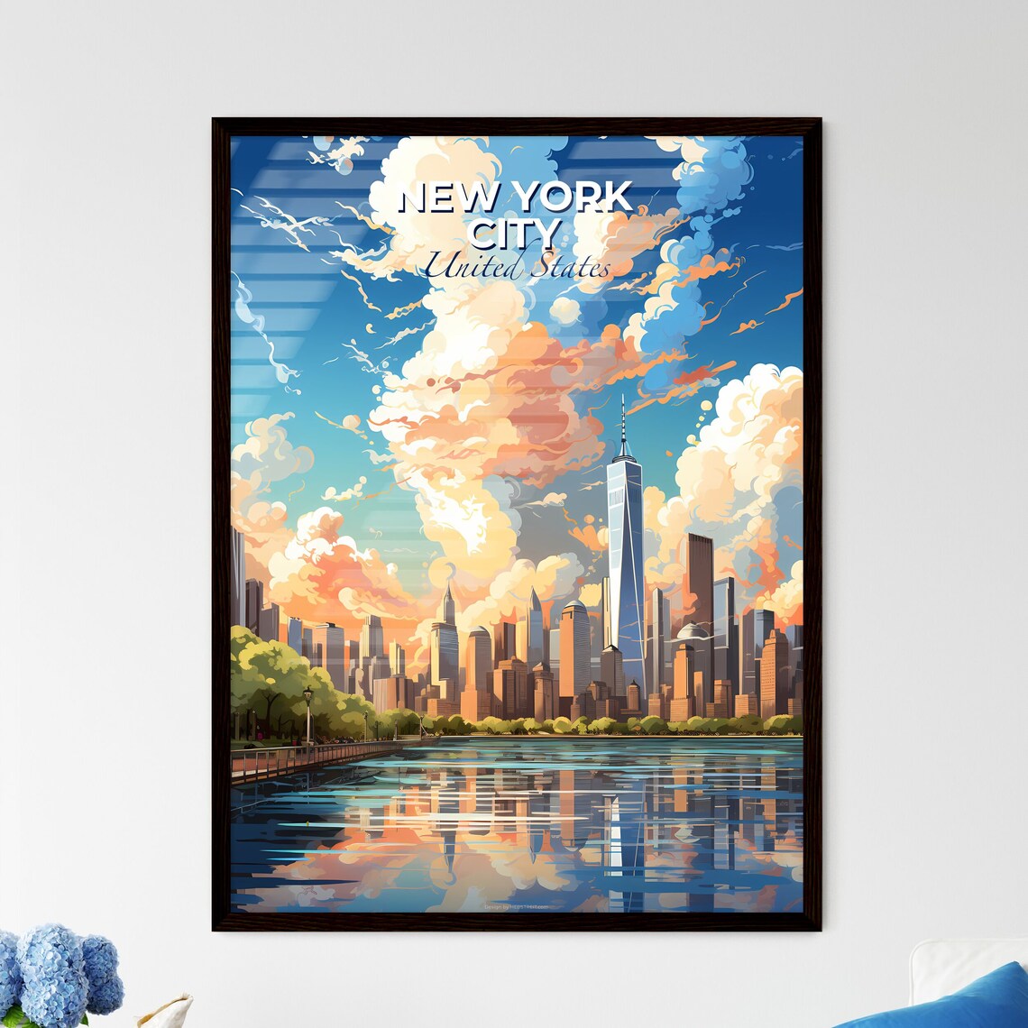 New York City Manhattan Skyline One World Trade River Reflection Poster