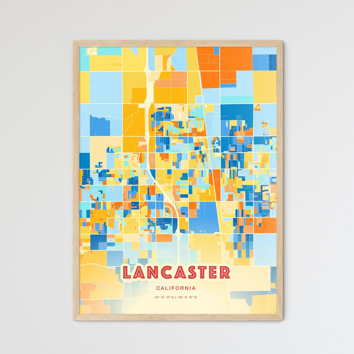 Lancaster California Vibrant Blue Orange City Map Art Poster