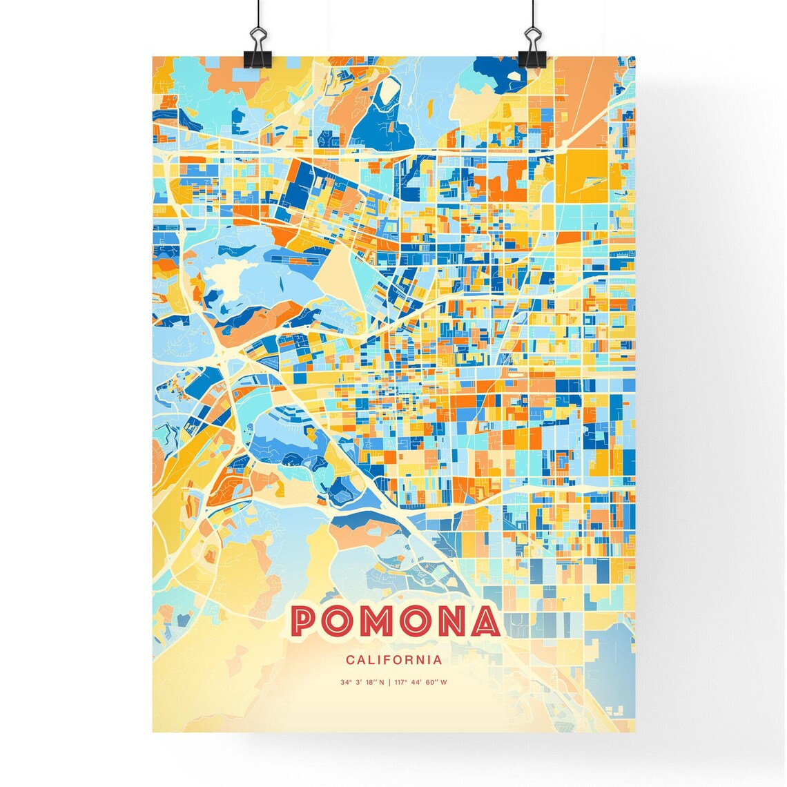 Pomona California Colorful Modern Blue Orange City Map Art Poster - Image 3