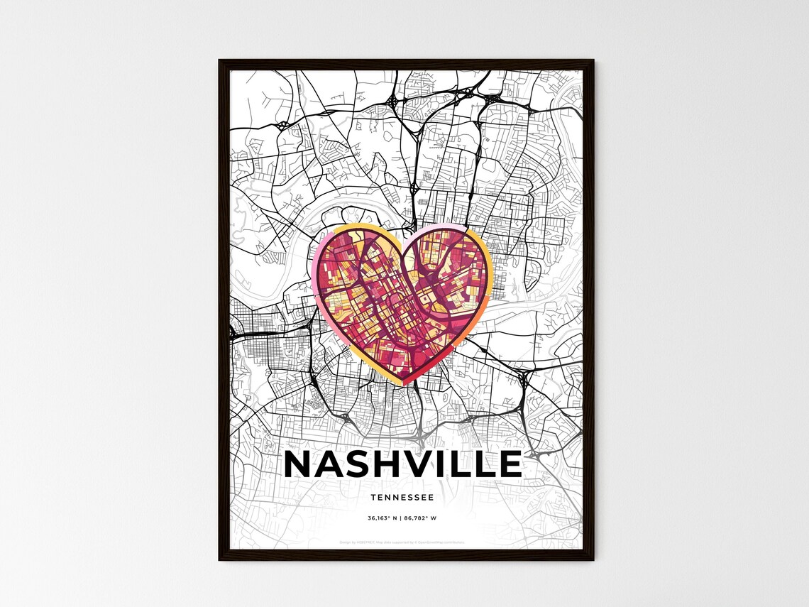 Nashville Tennessee Minimal City Map Colorful Heart Icon Art Poster