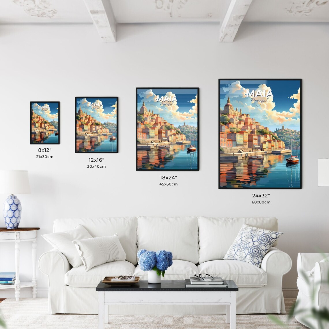 Maia Portugal Waterfront Old Town Boats Harbor Reflection Poster - Image 3