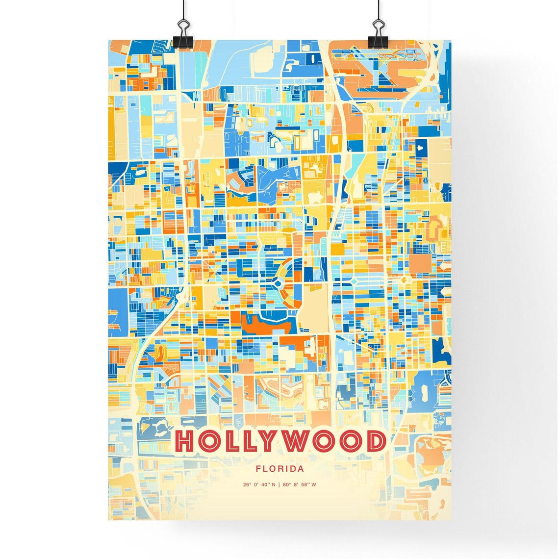 Hollywood Florida Modern Geometric Blue Orange City Map Art Poster - Image 3