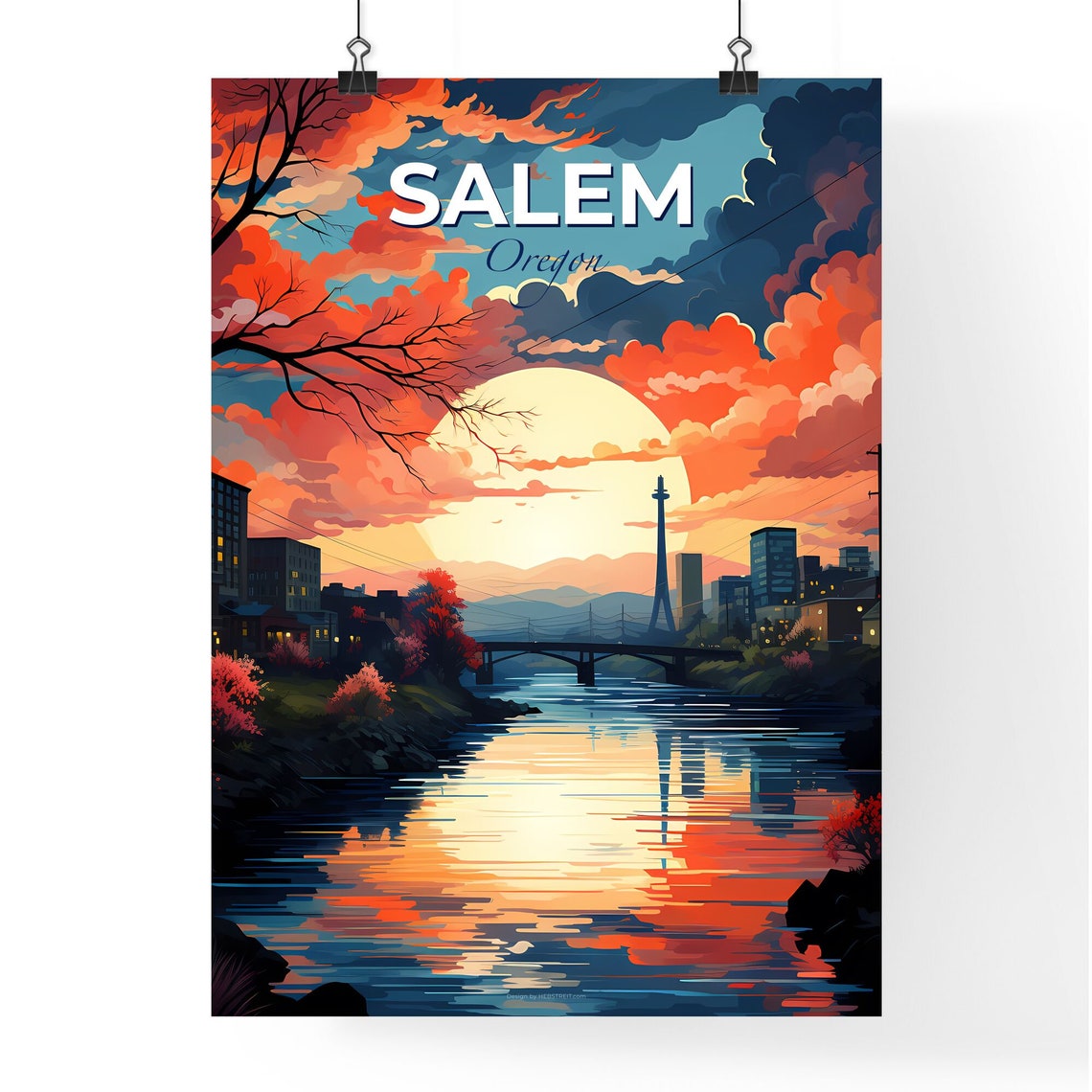 Salem Oregon Sunset River Bridge Skyline Vintage Travel Poster - Image 4