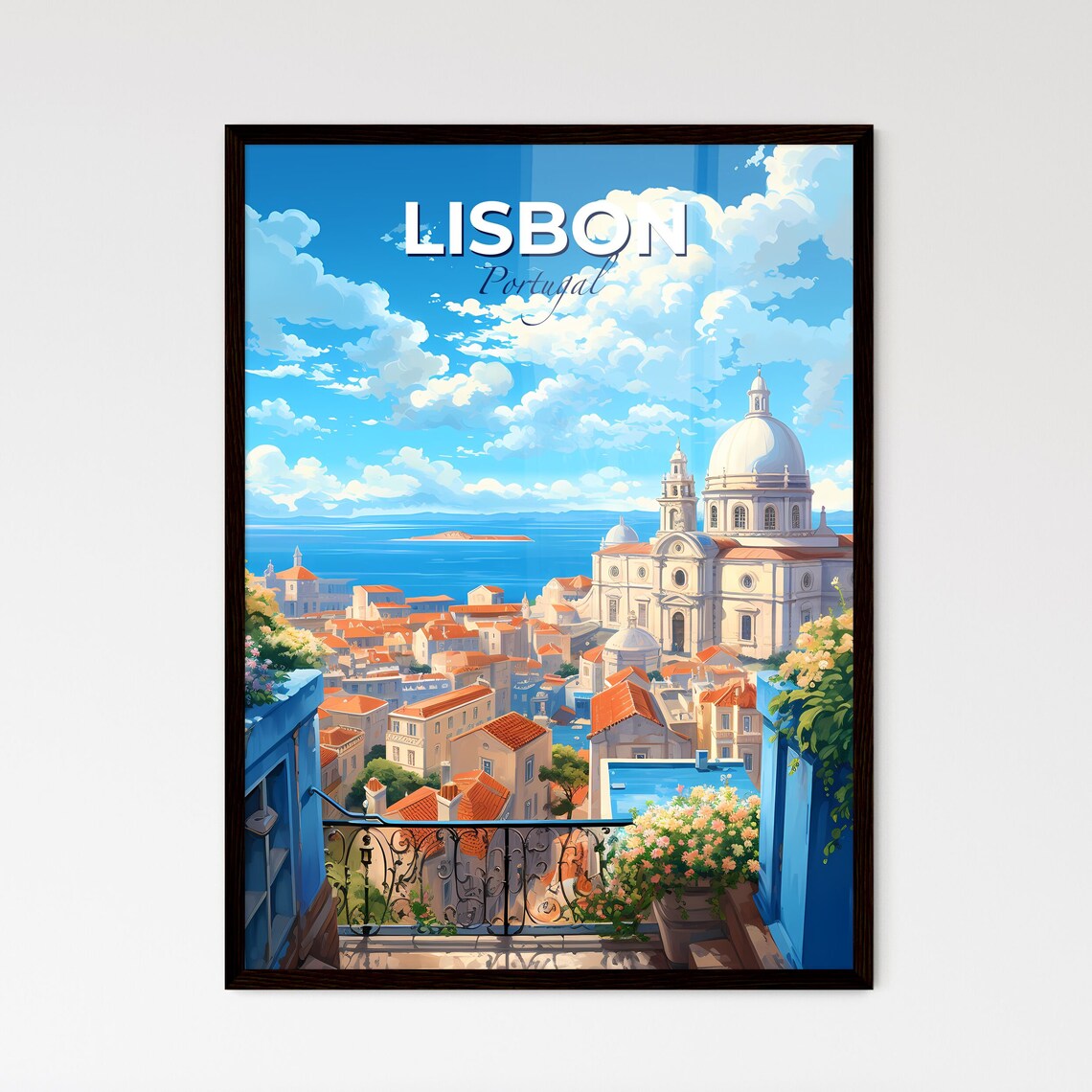 Lisbon Portugal Coastal Rooftops Harbor Balcony View Travel Art Poster