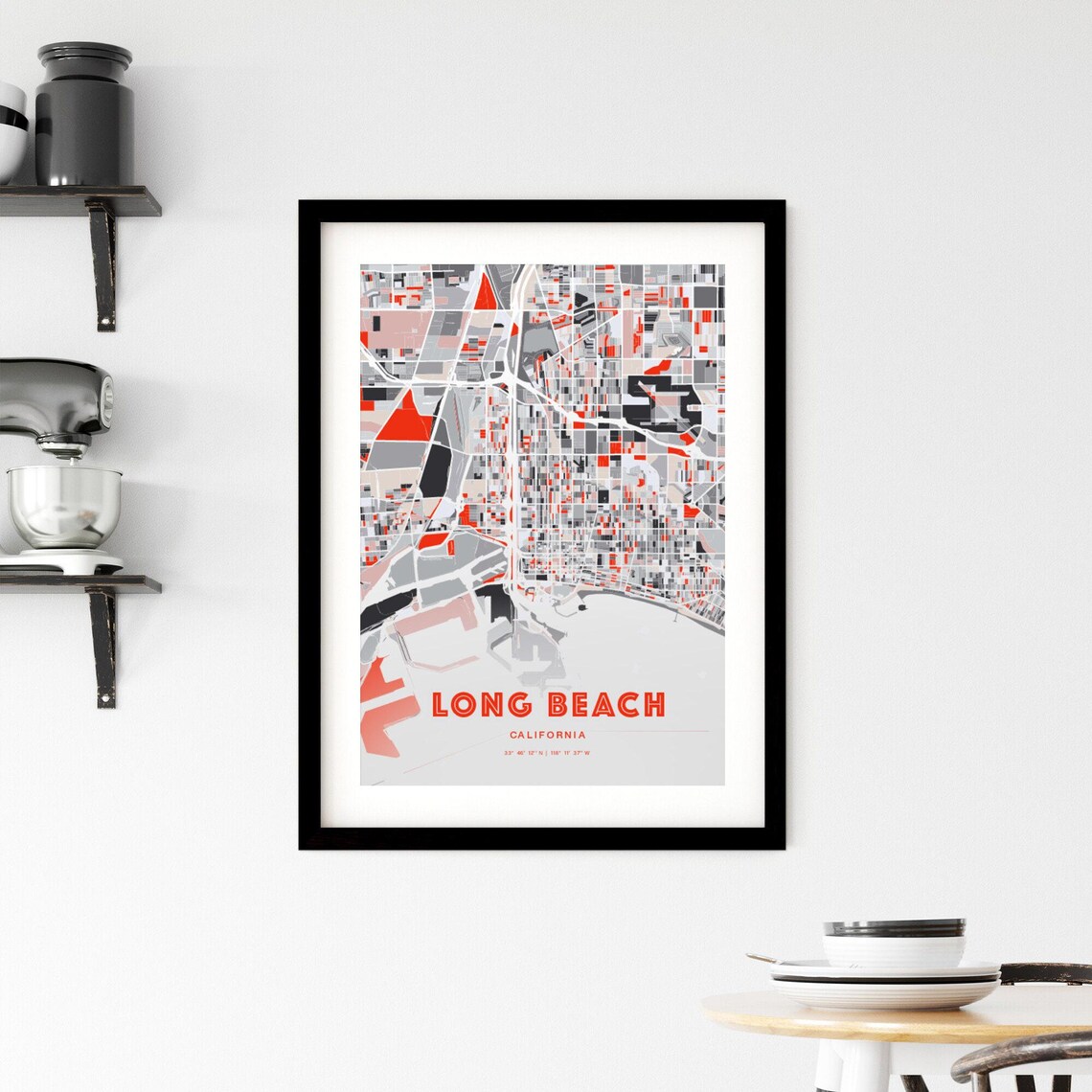 Long Beach California Modern Red Gray Expressive City Map Poster Customizable - Image 2
