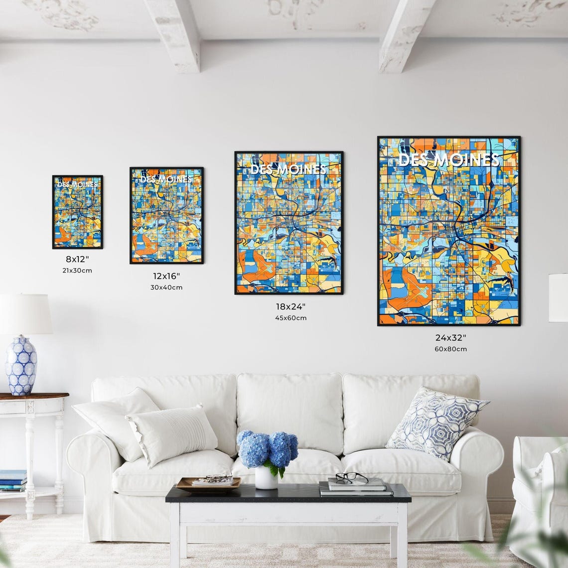 Des Moines Iowa Colorful City Map Art Poster With Navy Blue Streets - Image 3