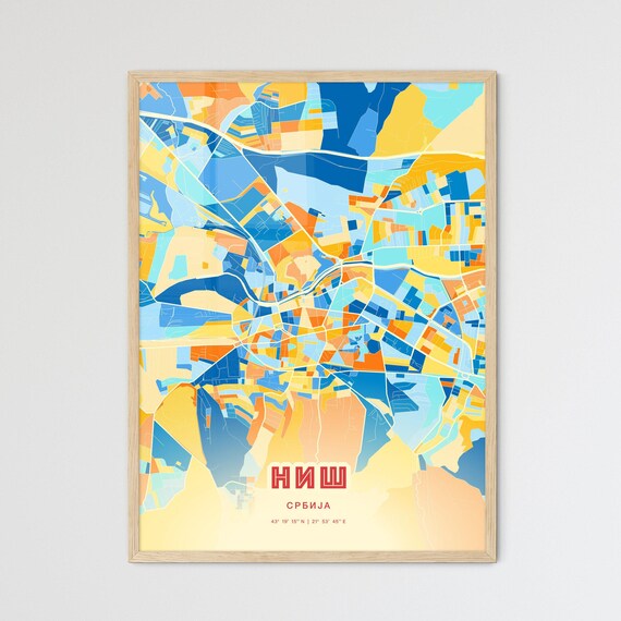 Nis Serbia Blue Orange Colorful City Map Art Poster With Coordinates