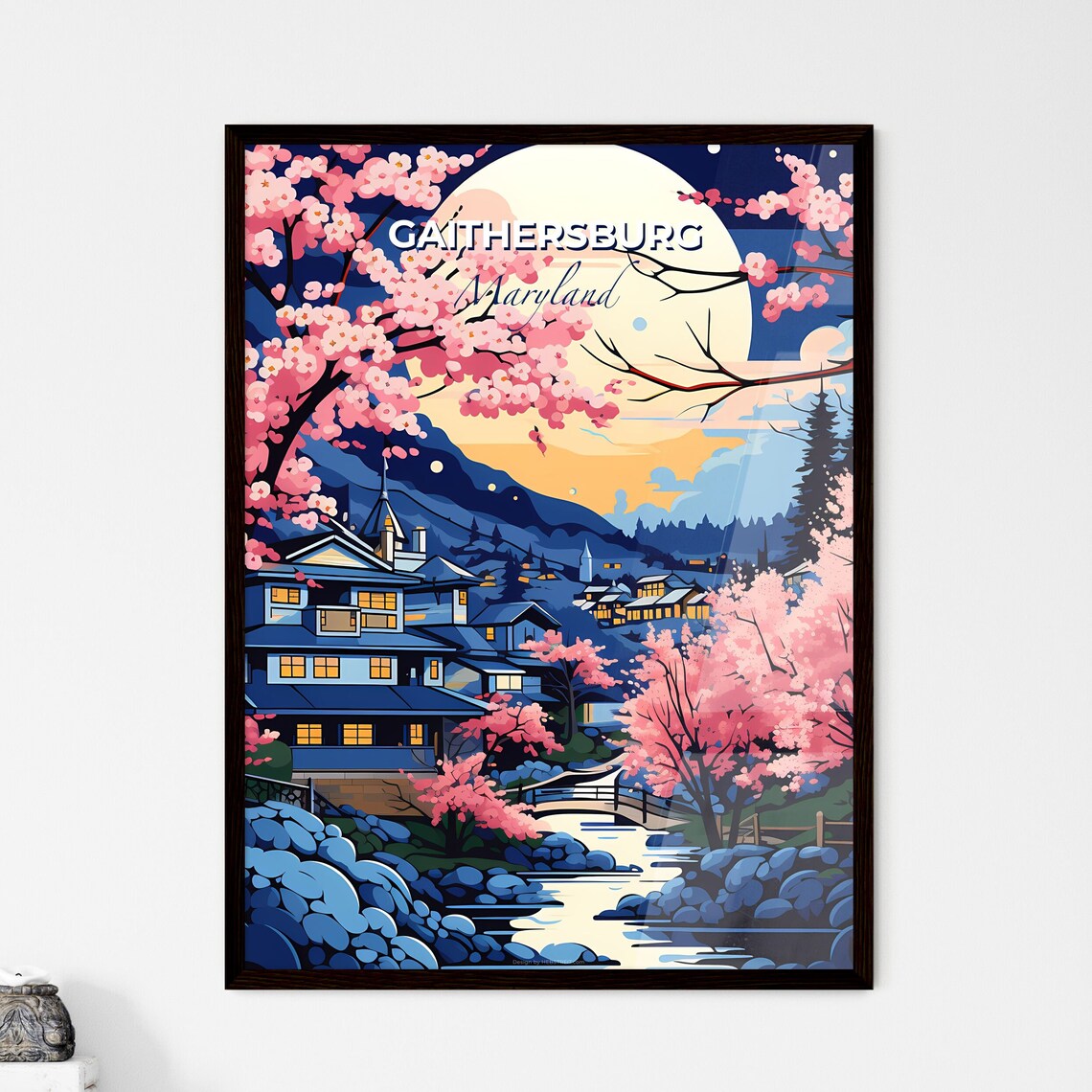 Gaithersburg Maryland Moonlit Village Cherry Blossom Stream Poster