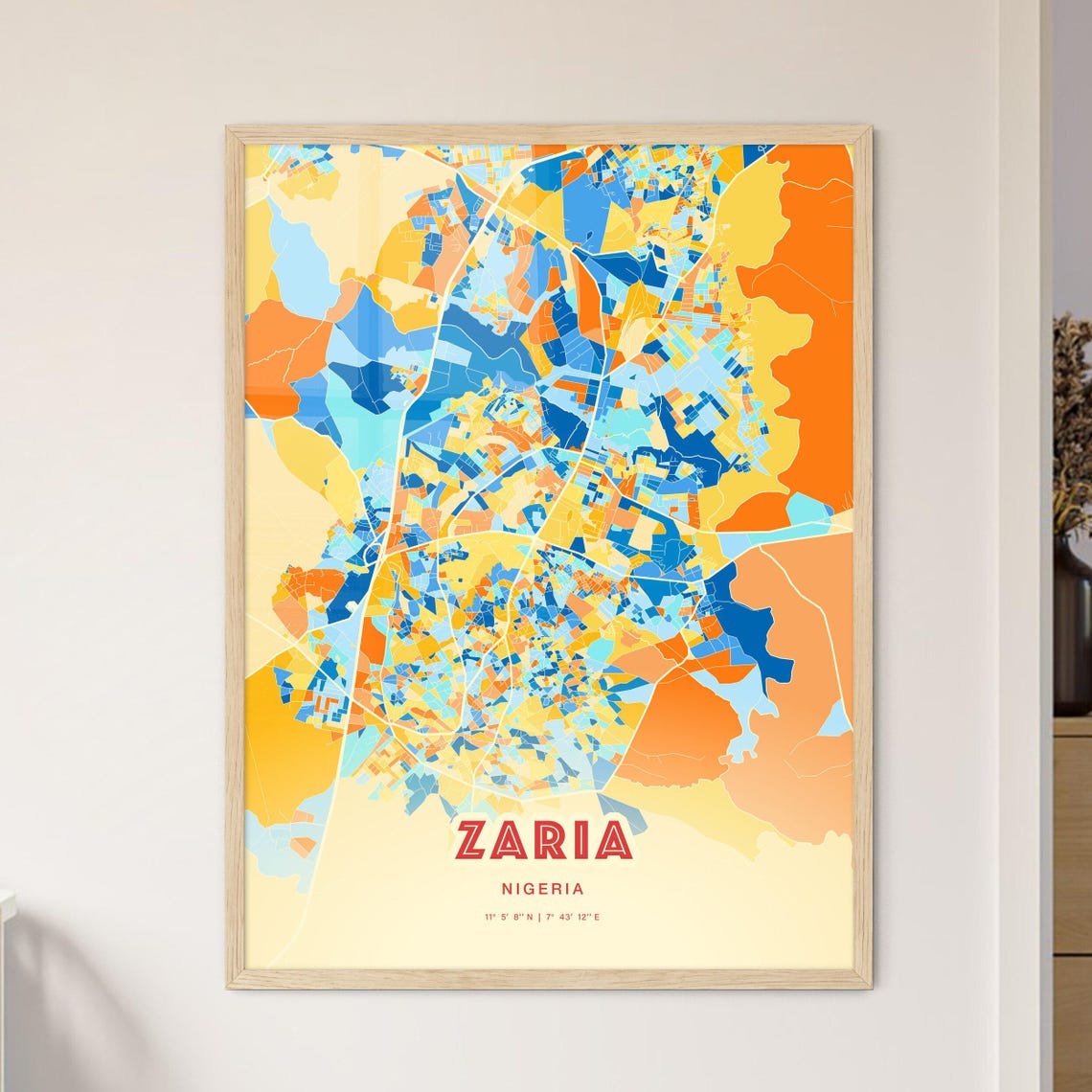 Zaria Nigeria Bold Blue Orange Abstract City Map Fine Art Poster