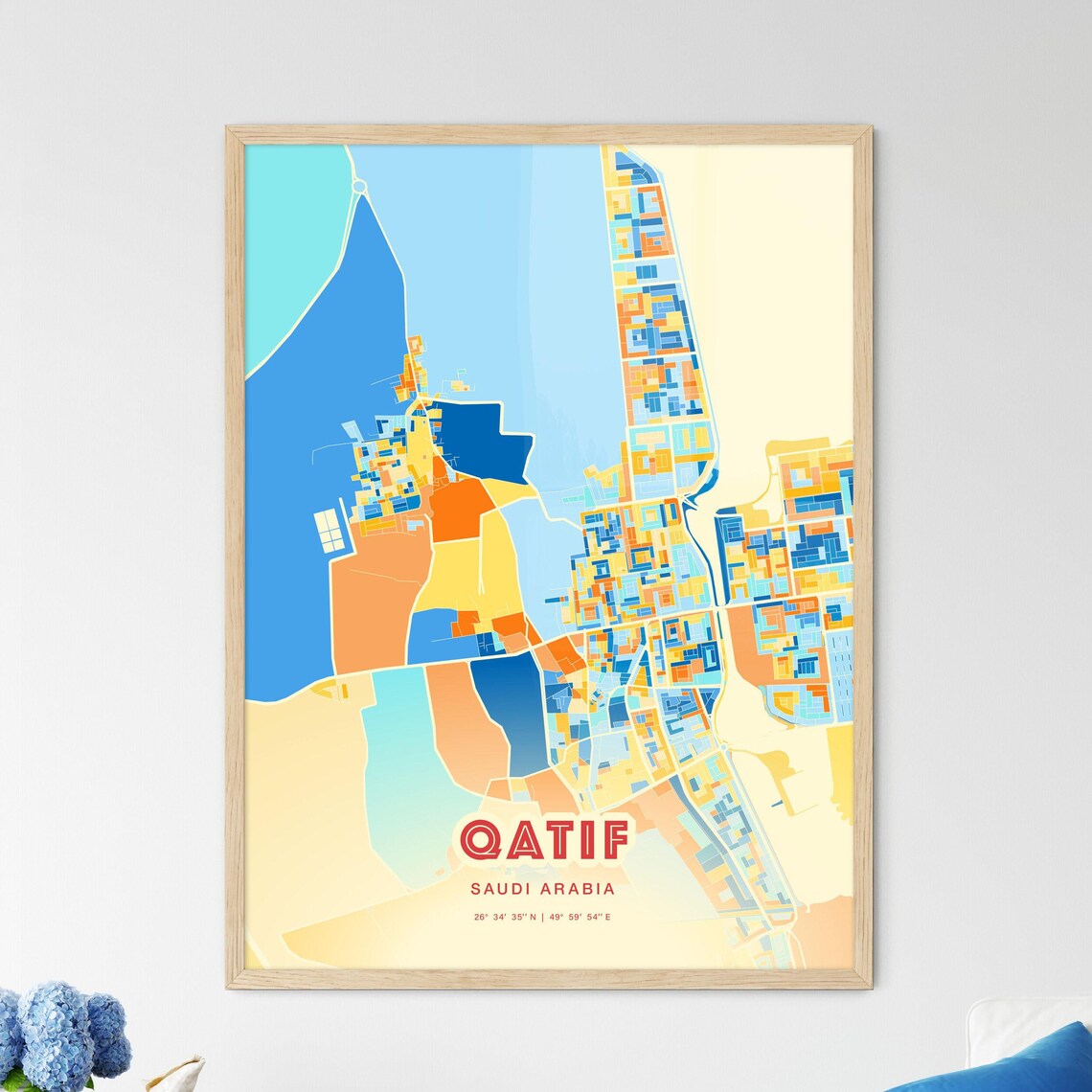 Qatif Saudi Arabia Colorful Blue Orange Modern City Street Map Poster