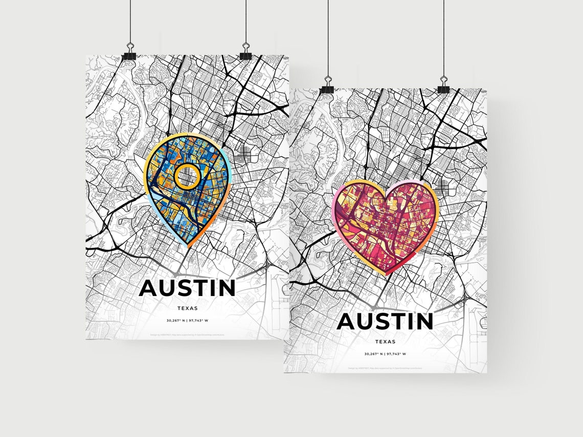 Austin Texas Minimal Map Art With Colorful Heart Icon Poster - Image 2