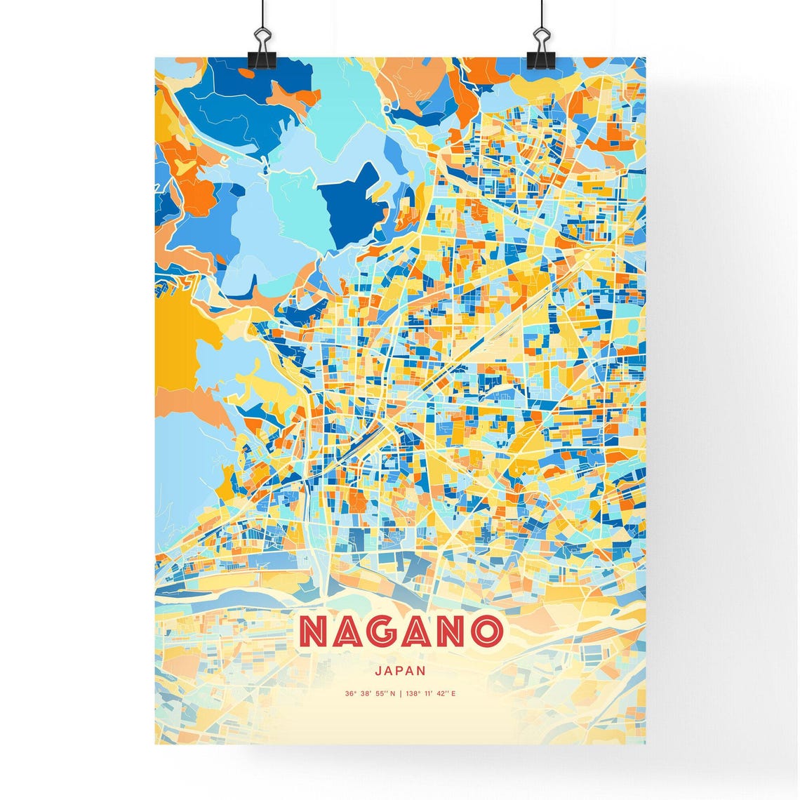 Nagano Japan Vibrant Colorful Art Map Poster Blue Orange City Design - Image 3
