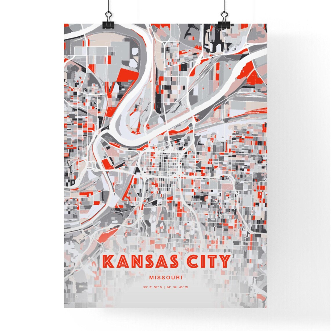 Kansas City Missouri Expressive Red Abstract City Map Art Poster - Image 3