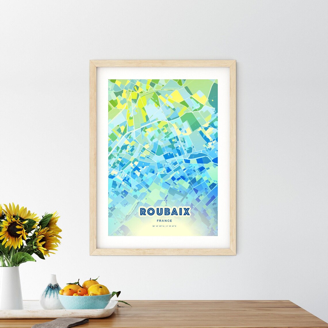 Roubaix France Colorful Modern Bluish City Street Map Art Poster - Image 3