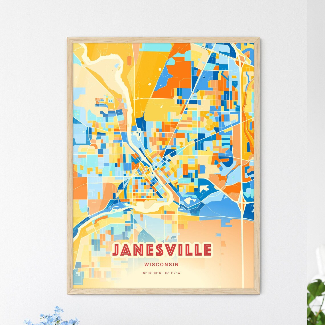 Janesville Wisconsin Colorful Blue and Orange Retro City Street Map Wall Art - Image 3