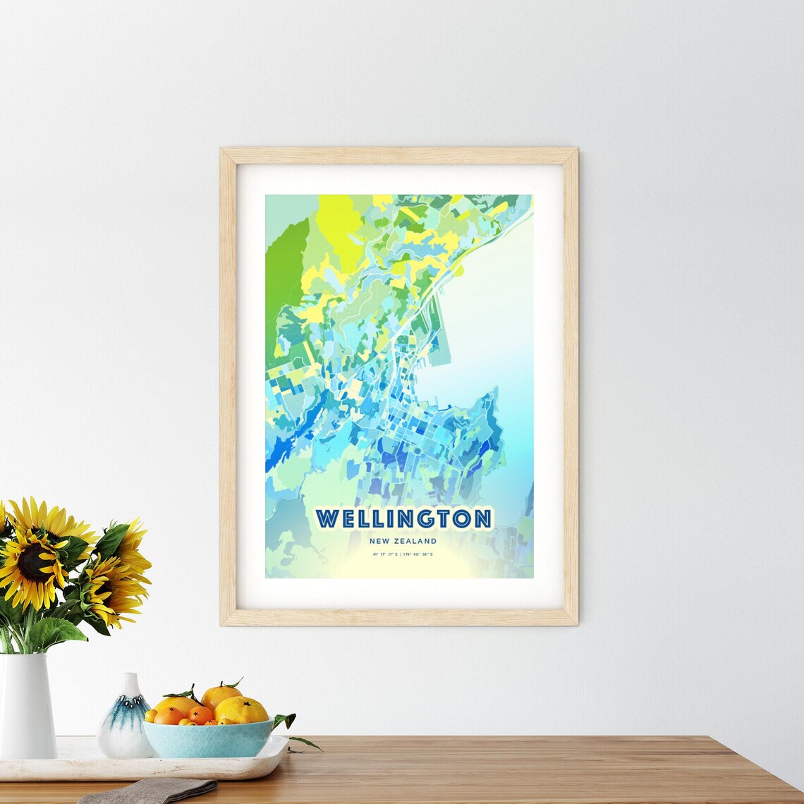 Wellington New Zealand Pastel Blue City Map Art with Coordinates Poster - Image 2