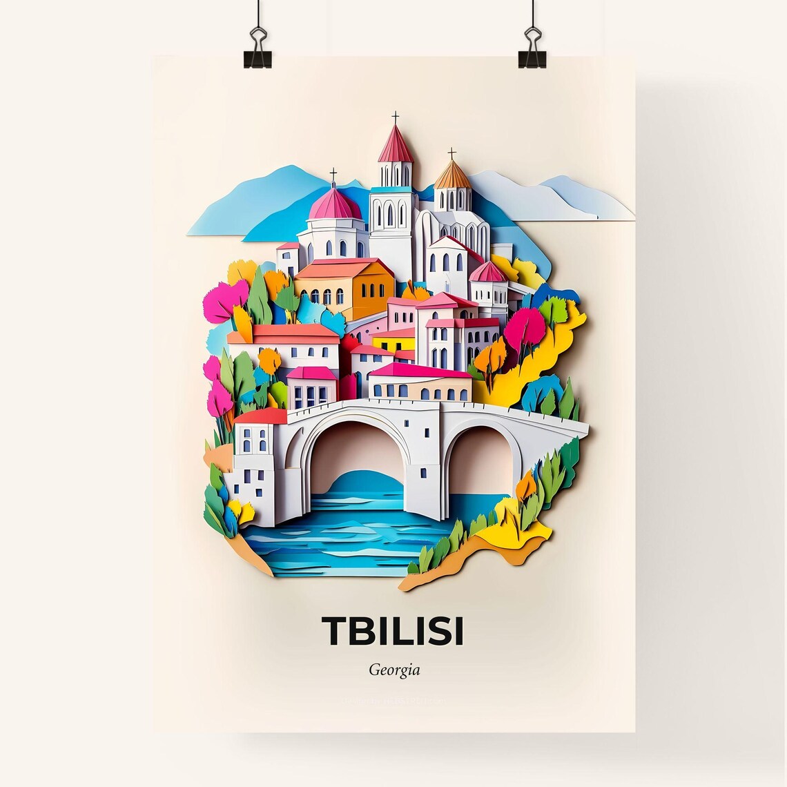 Tbilisi Georgia Old Bridge Church Colorful Paper Cut Art Poster - Image 4