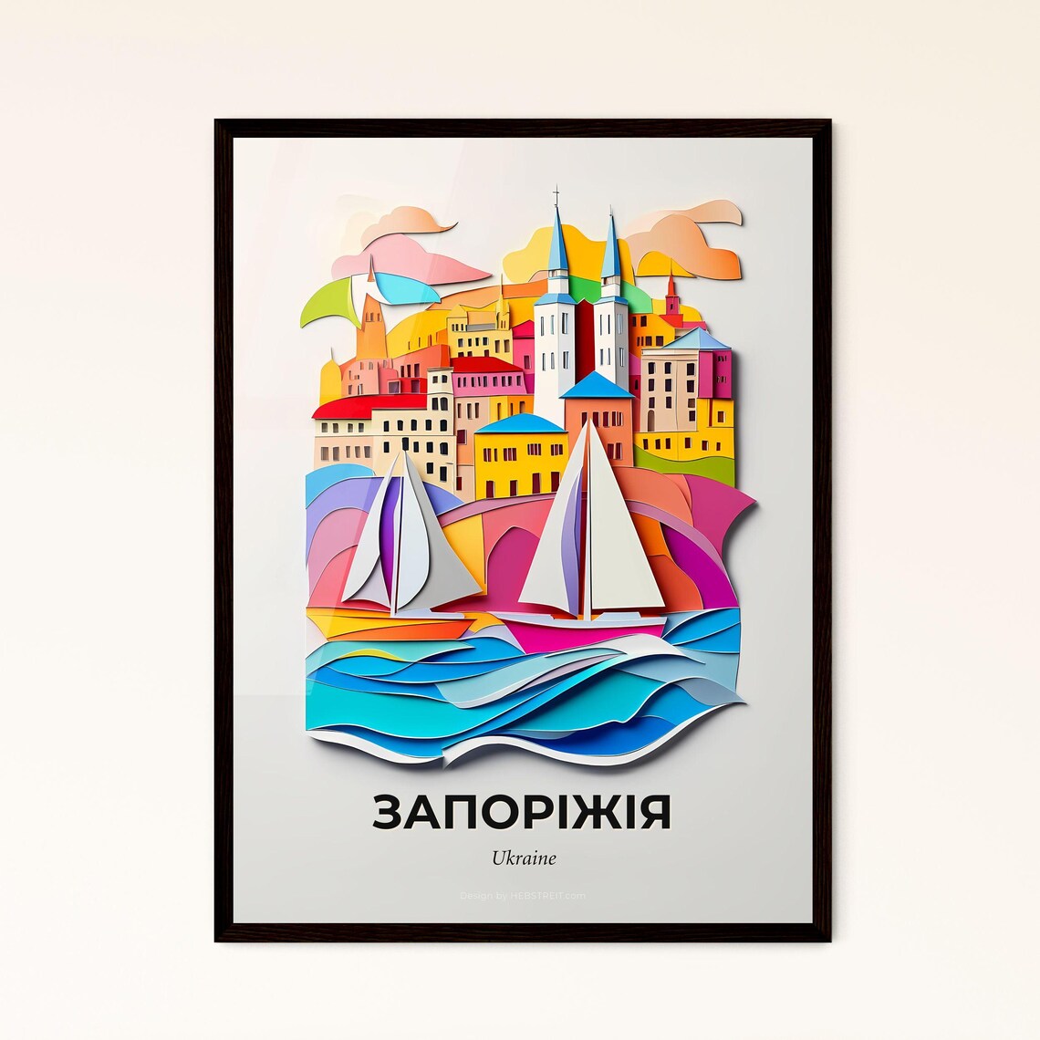 Zaporizhia Ukraine Colorful Paper Cut City Sailboats Travel Poster
