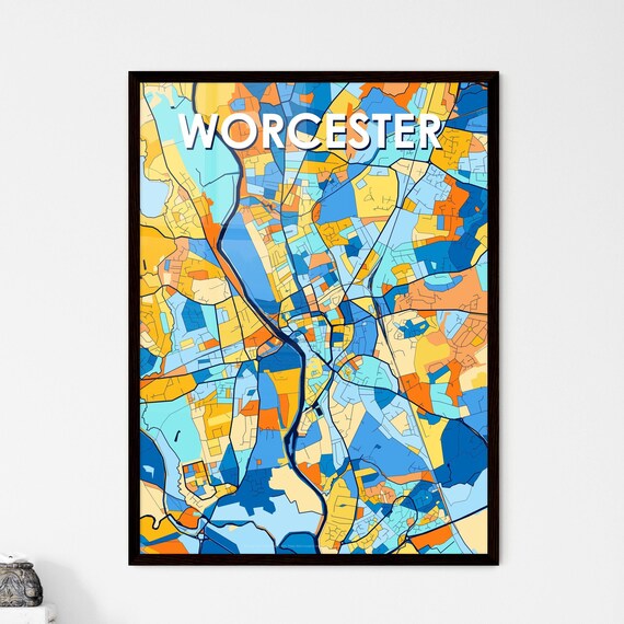 Worcester England Stylish Vibrant Blue and Orange Mosaic City Map Poster