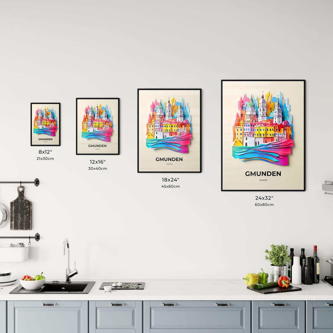 Gmunden Austria Colorful Paper Cut Church Towers Lake Poster - Image 3