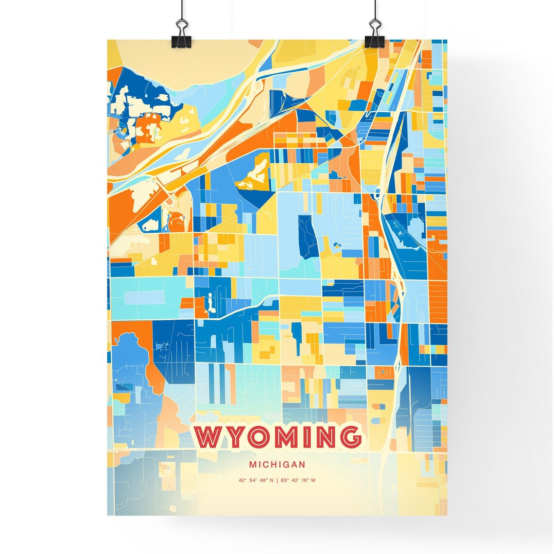 Wyoming Michigan Colorful Blue and Orange Street Map City Art Poster