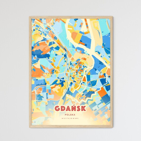 Gdansk Poland Blue Orange Colorful City Map Art Poster With Coordinates