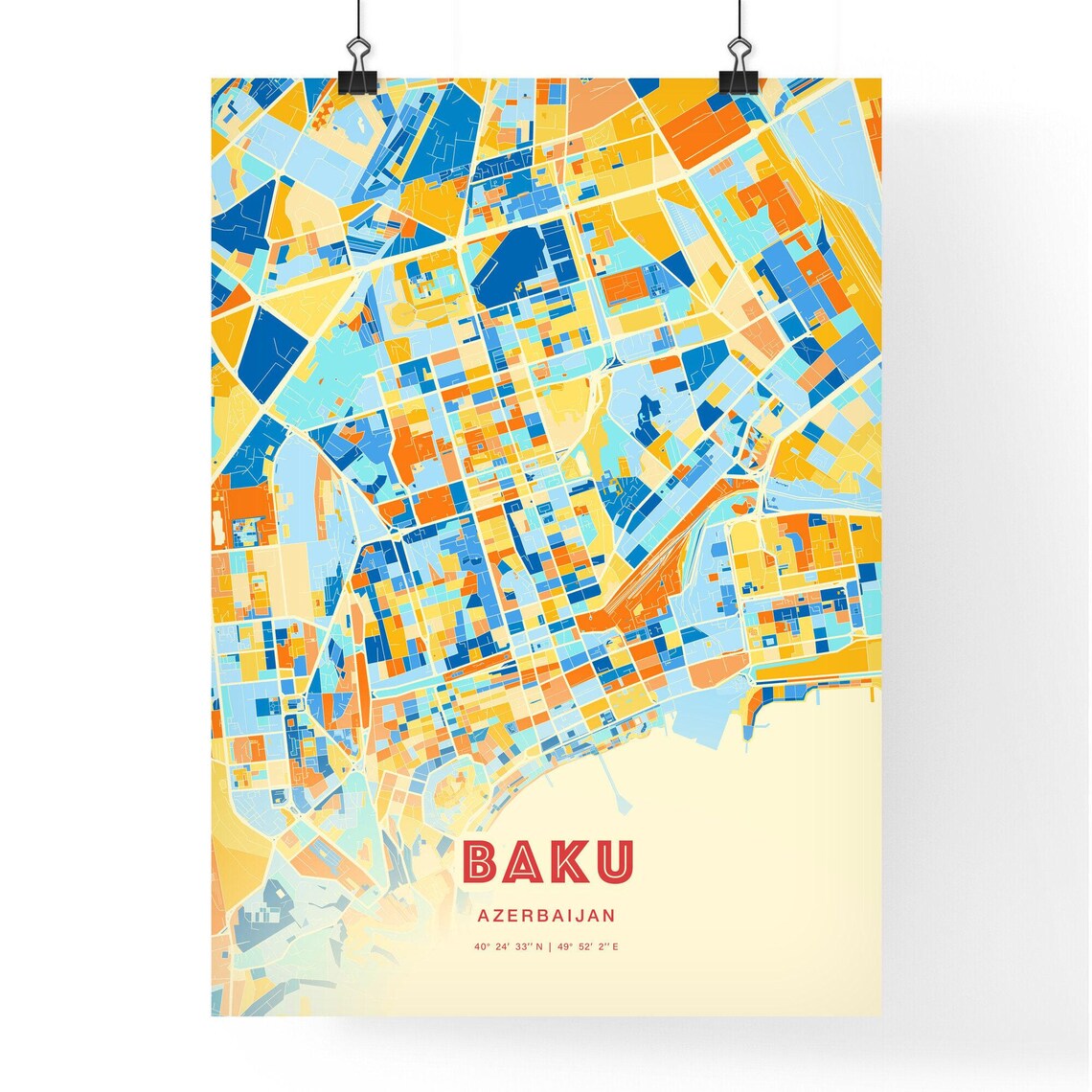Baku Azerbaijan Colorful Blue Orange City Map Art Poster with Coordinates - Image 3