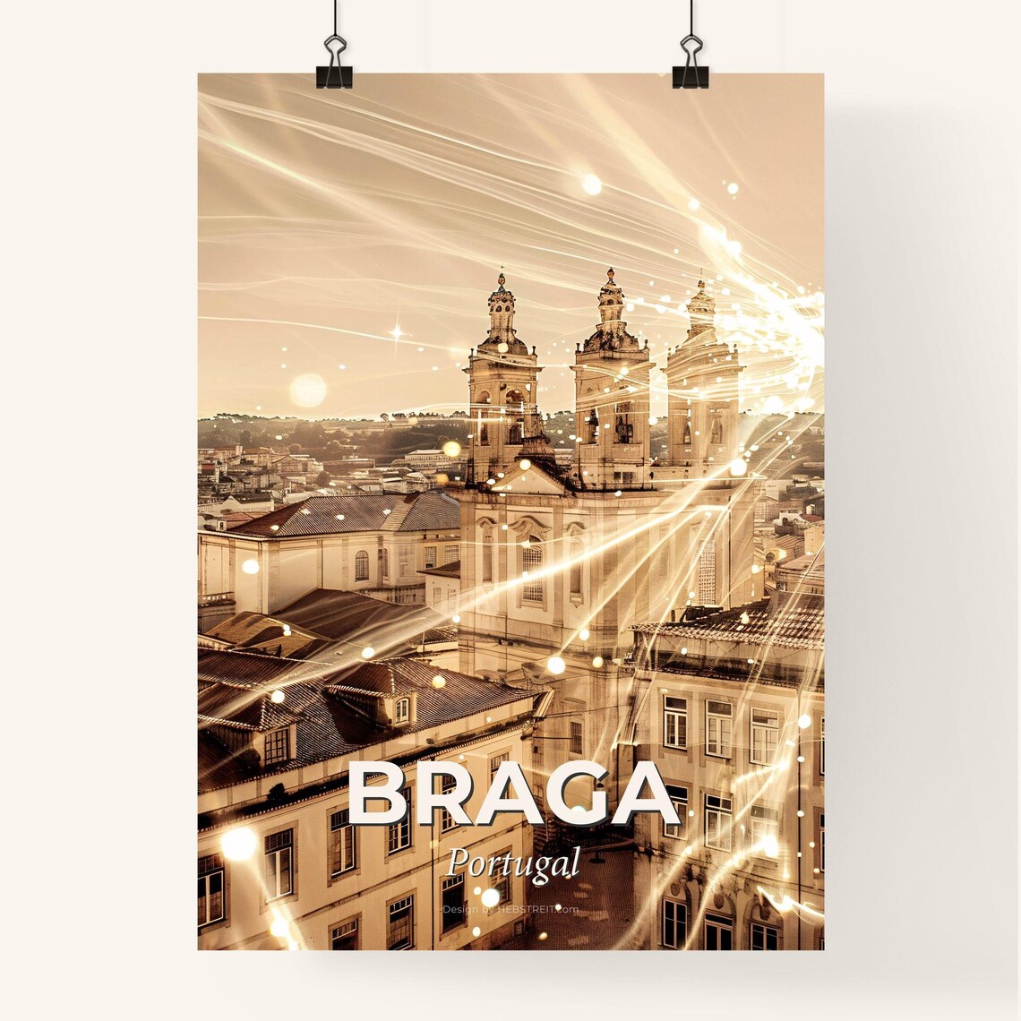 Braga Portugal Golden Cathedral Triple Towers Light Art Poster - Image 4