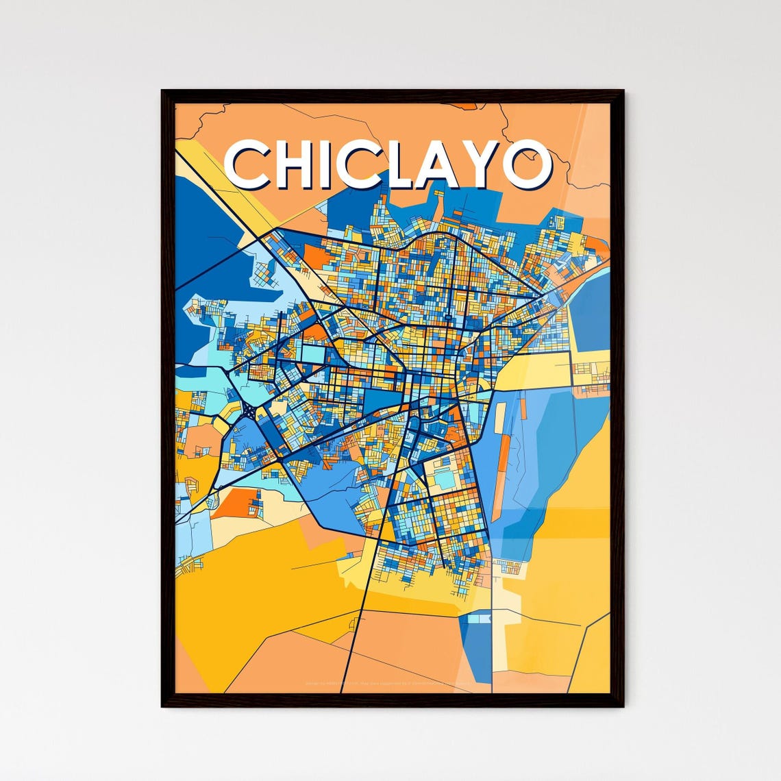 Chiclayo City Street Map Art Poster Blue Orange Modern Decor