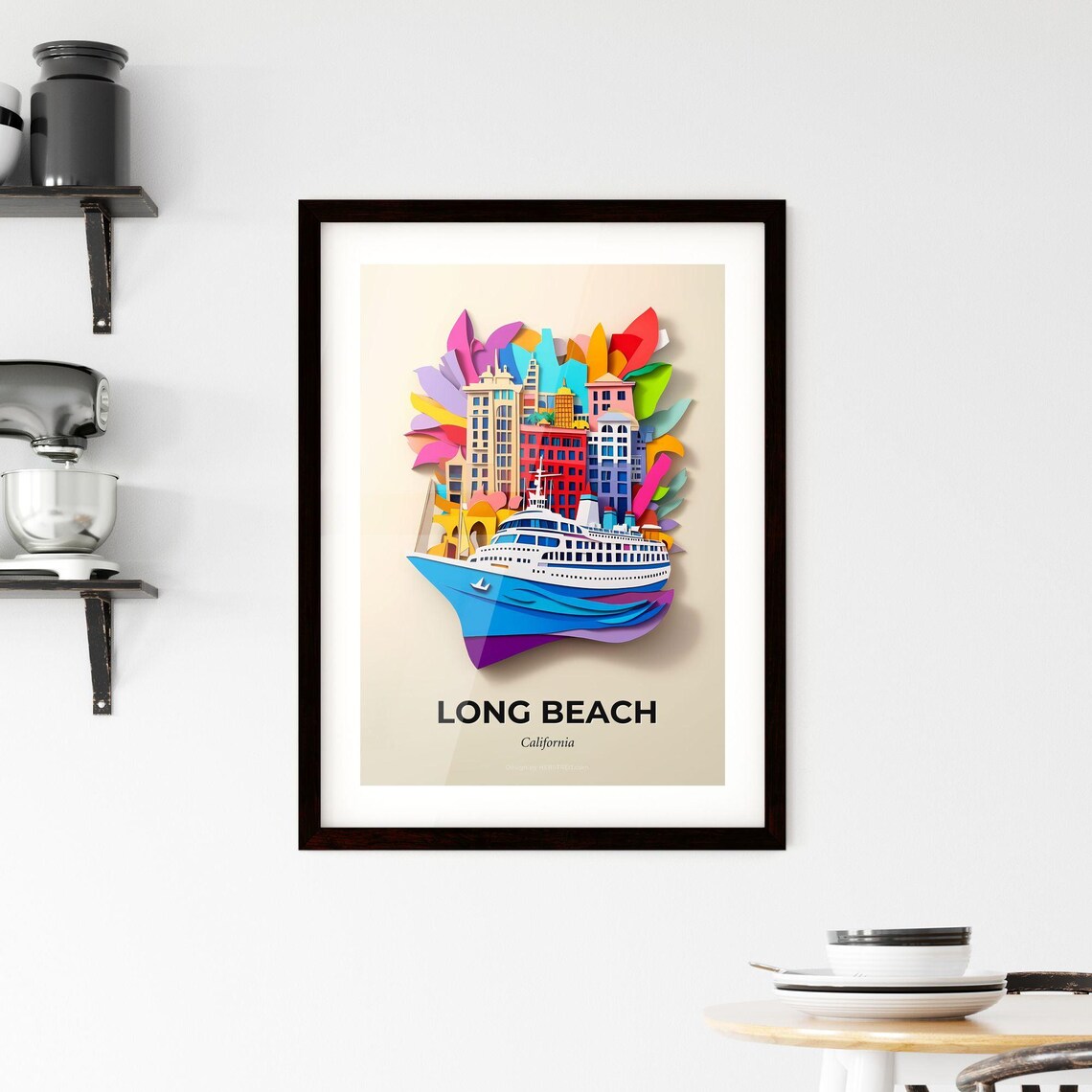 Long Beach California Cruise Ship Papercut Travel Scene Poster - Image 2