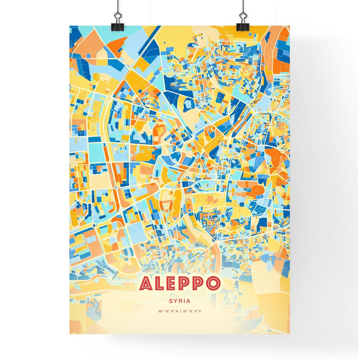 Aleppo Syria Elegant Pastel Blue and Orange Fine Art Map Print - Image 3