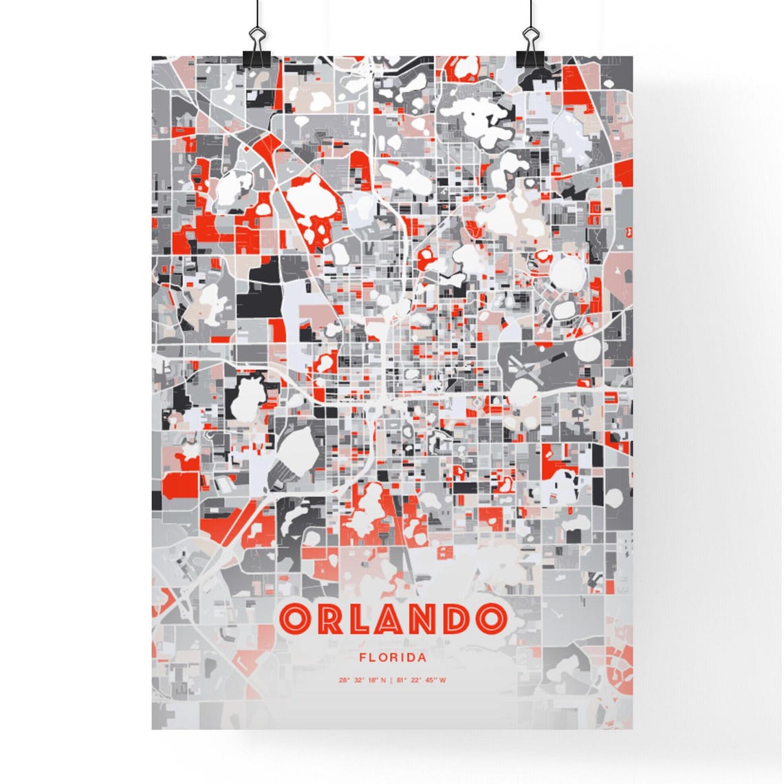 Orlando Florida Modern Expressive Red Gray City Map Art Poster - Image 3