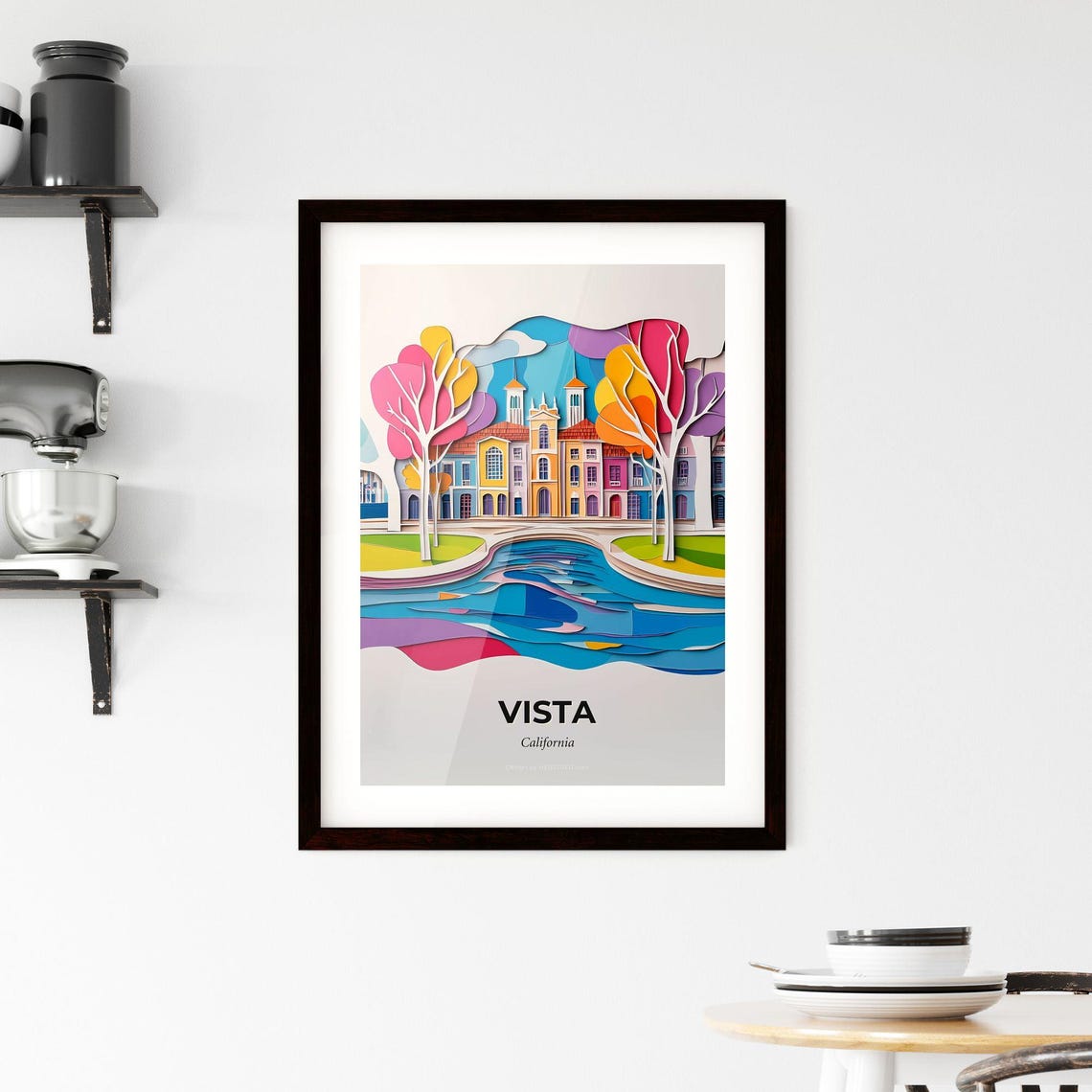 Vista California Mission River Colorful Paper Cut Art Poster - Image 2