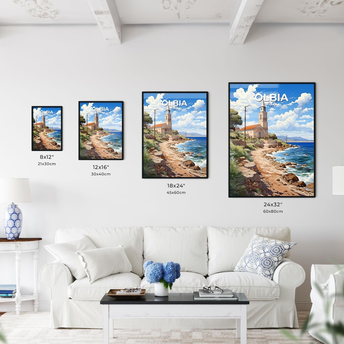 Olbia Italy Coastal Church Rocky Shoreline Bright Blue Sea Poster - Image 3