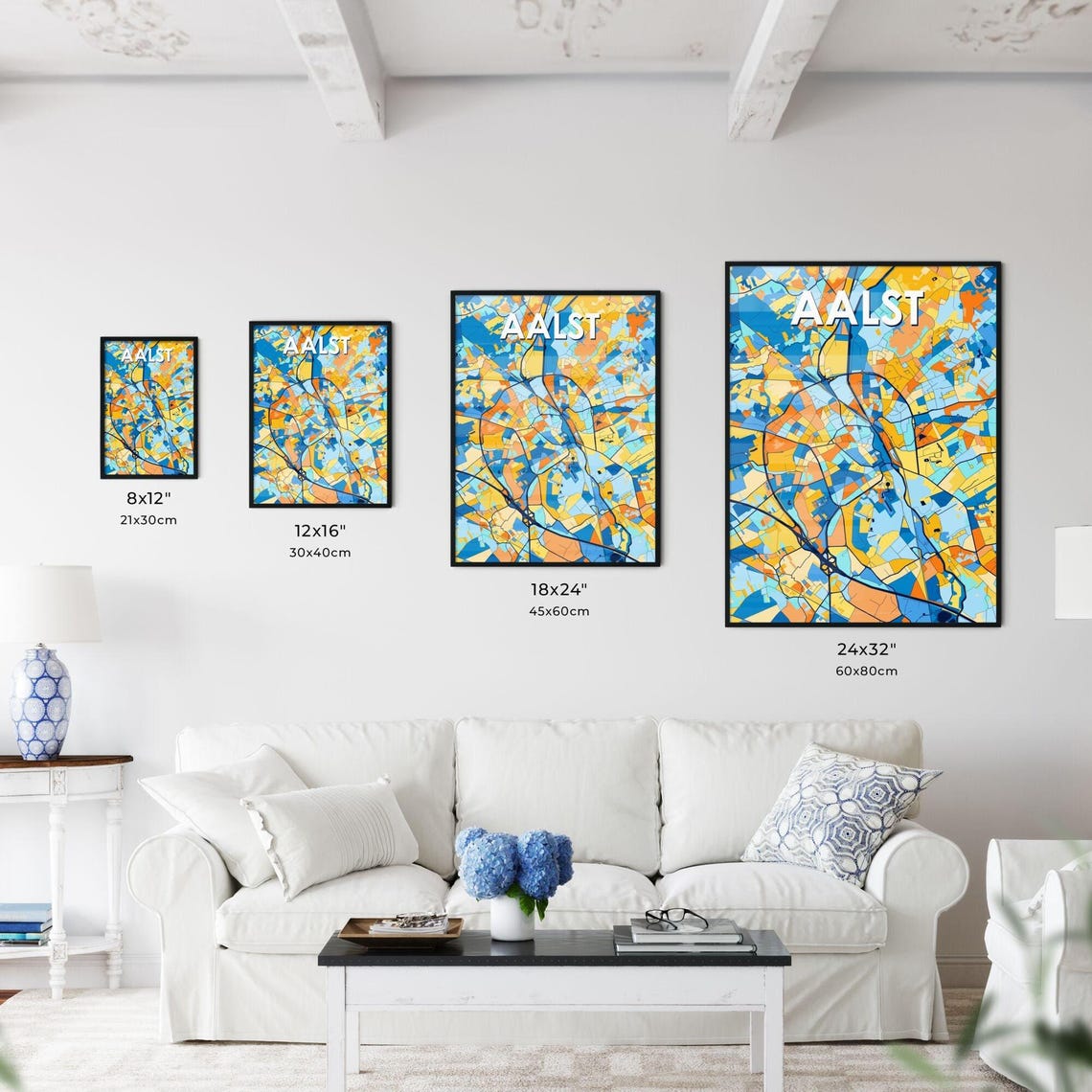 Aalst Belgium Bold Geometric City Map Art Poster in Blue and Orange - Image 3