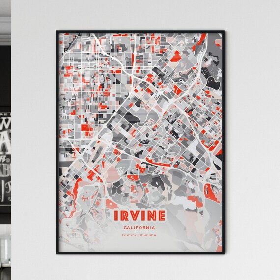 Irvine California Expressive Red Bold Modern City Map Art Poster