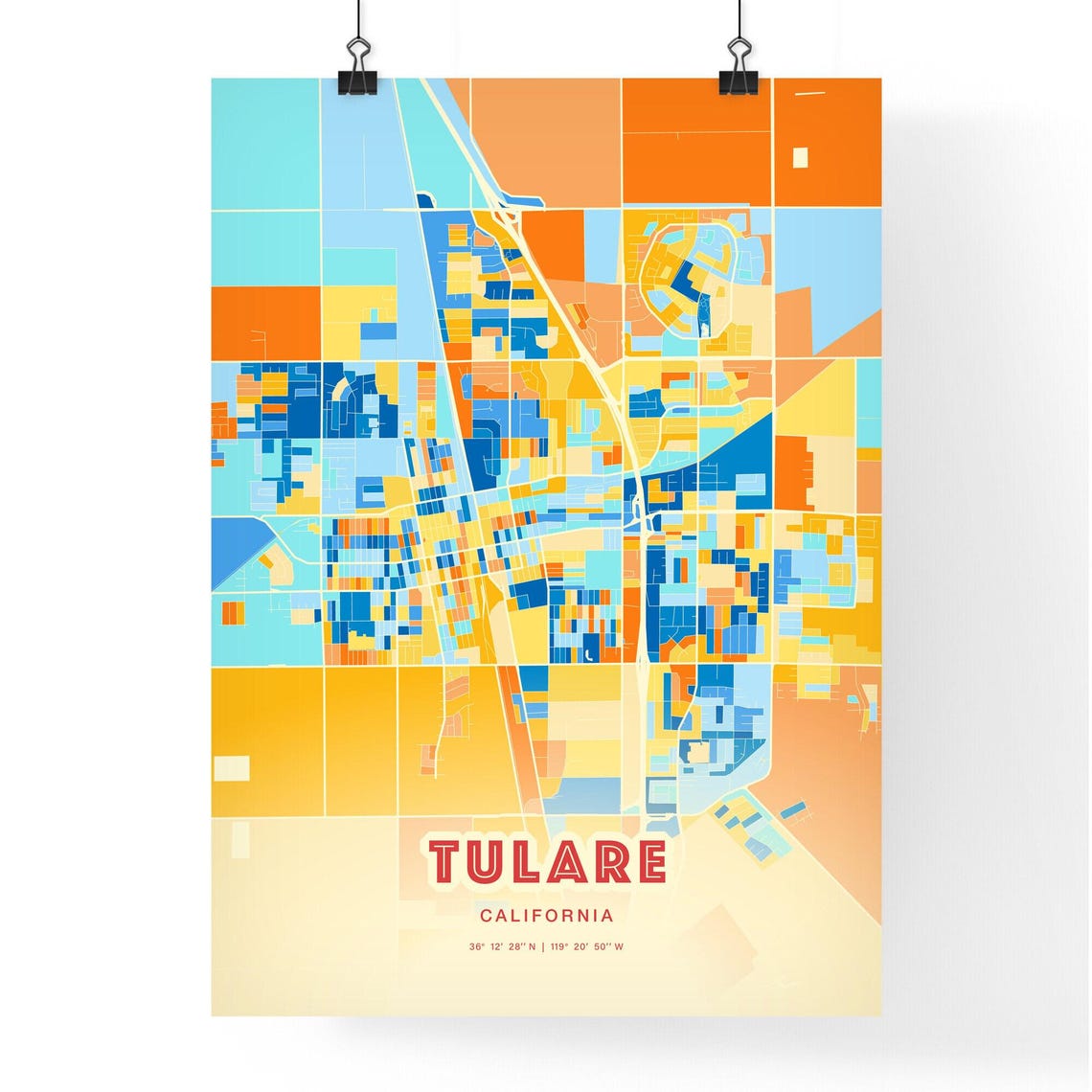 Tulare California Modern Colorful City Street Map Art Poster