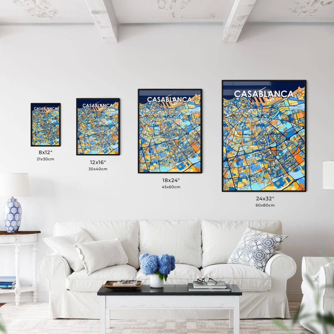 Casablanca Colorful City Street Map in Blue and Orange Poster - Image 3