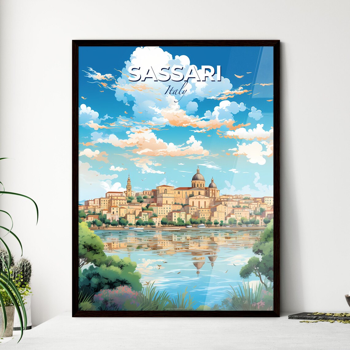 Sassari Italy Travel Poster Waterfront Cathedral Dome Reflection Illustration