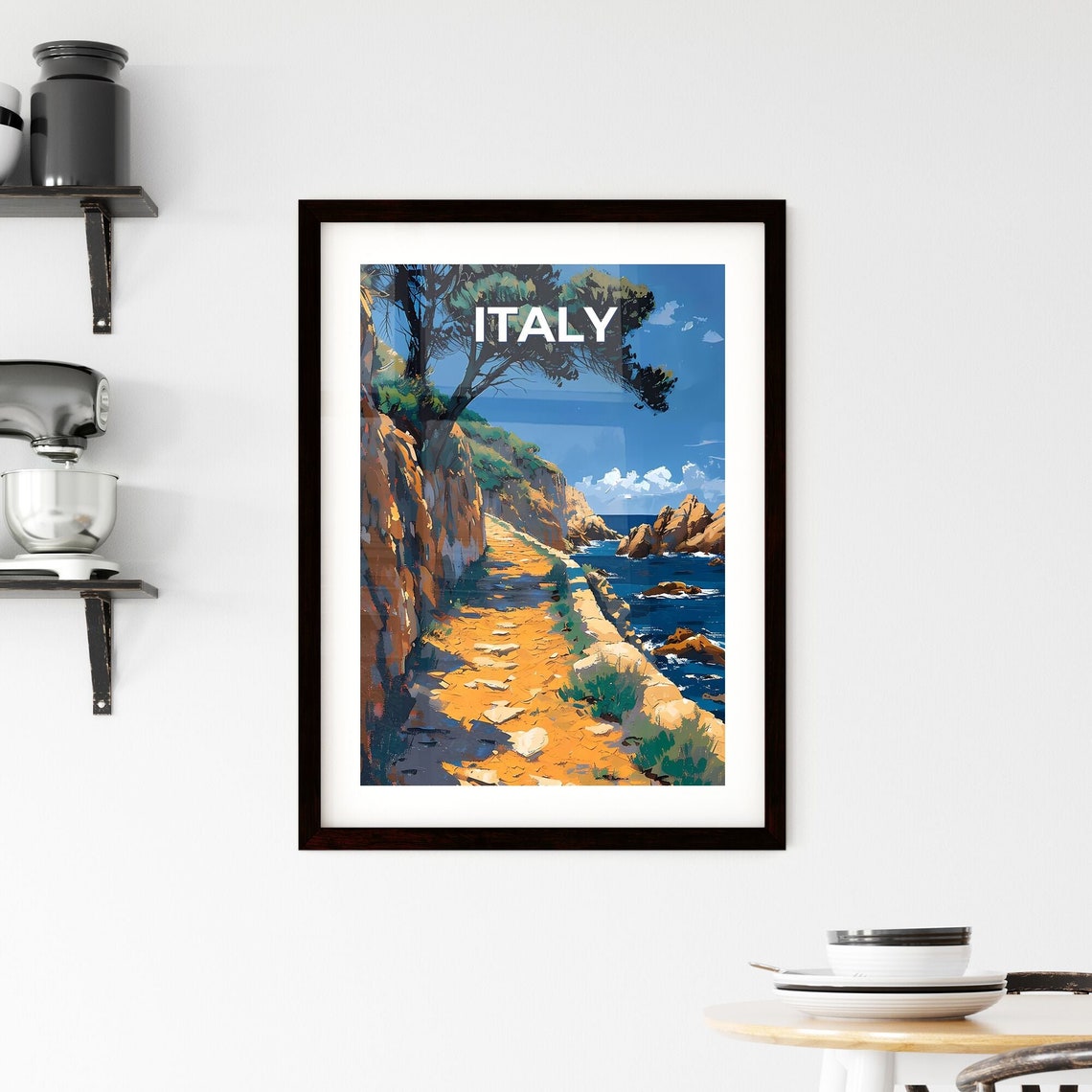 Italy Coastal Cliff Path Rocky Shore Pine Tree Vintage Travel Poster - Image 2