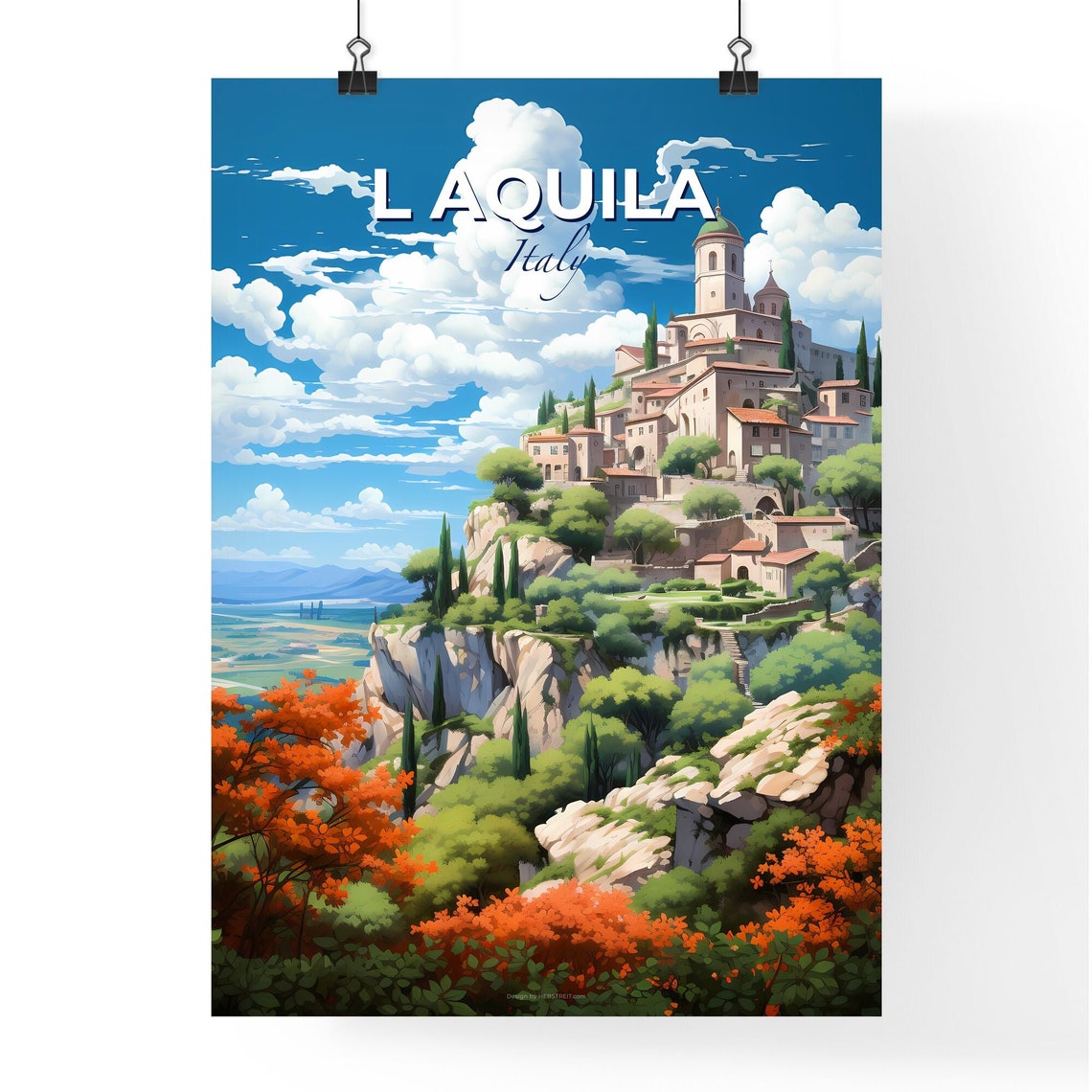 L Aquila Italy Cliffside Hilltop Town Autumn Travel Poster Art - Image 4