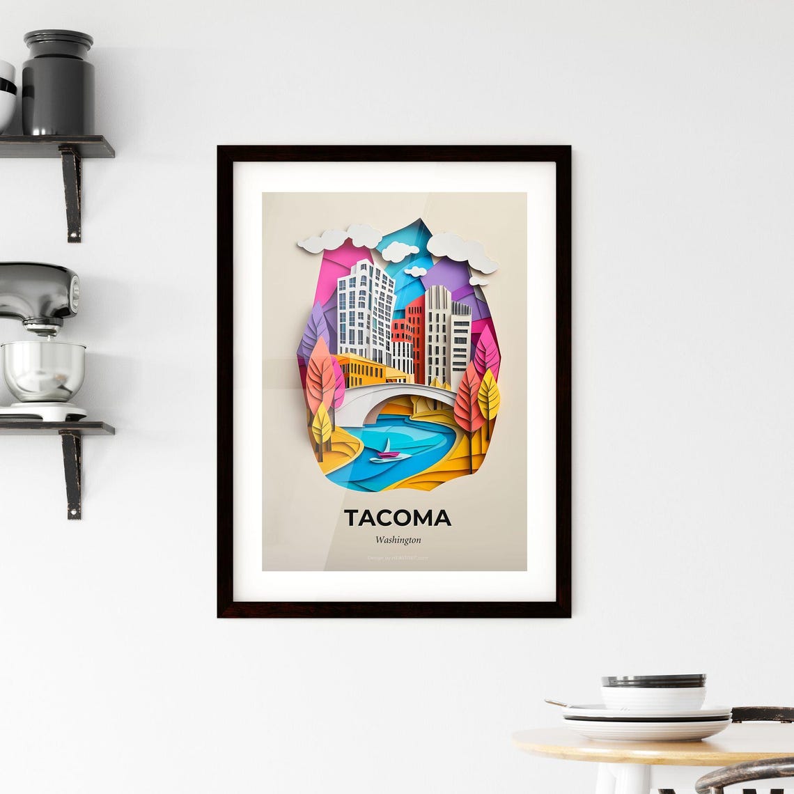 Vivid Tacoma Washington A Paper Cut Of A City With A Boat Fine Art Print Customizable - Image 2