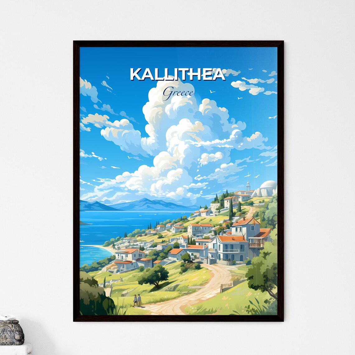 Kallithea Greece Travel Poster Aegean Coast Hill Town Island Skyline Art