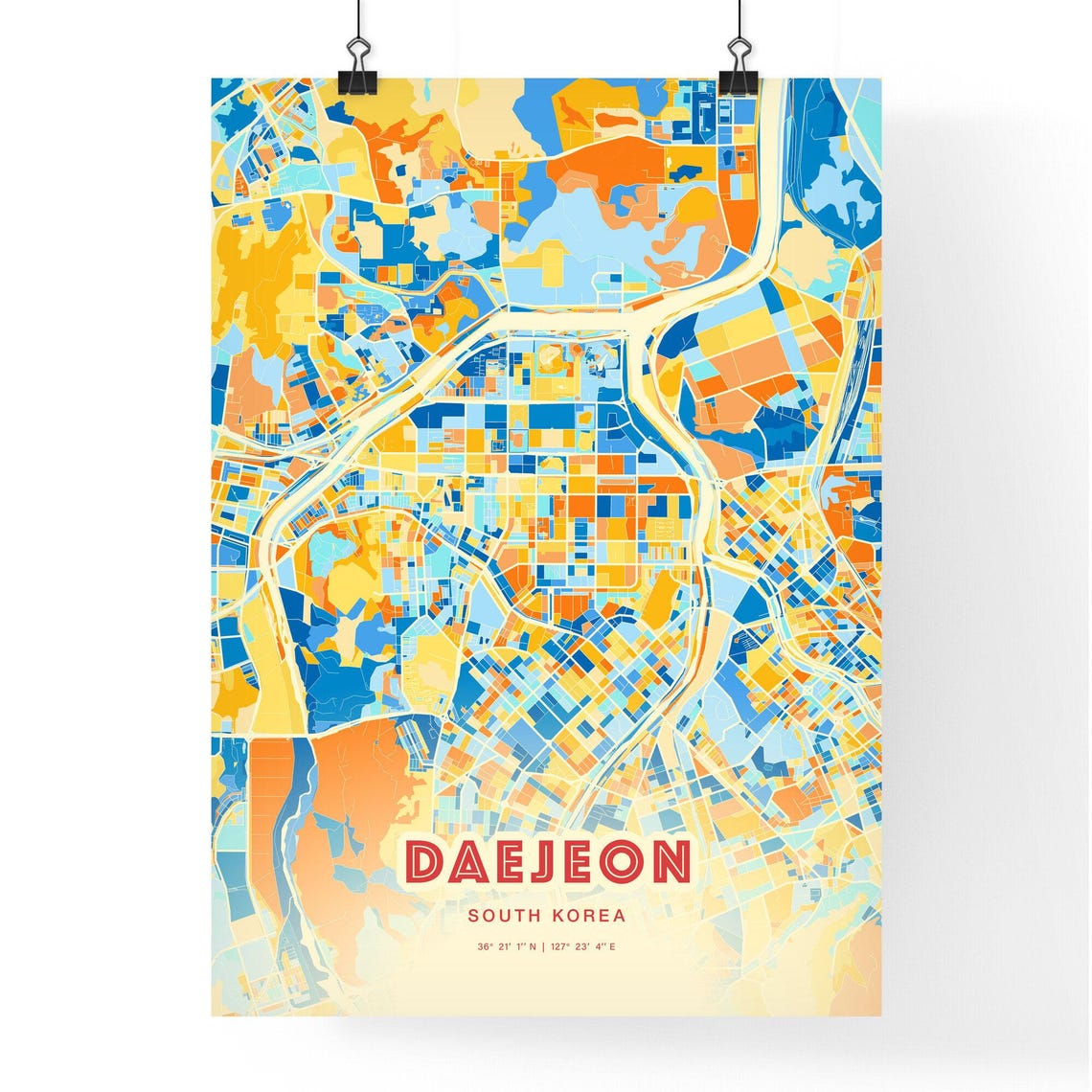 Daejeon South Korea City Map Blue Orange Modern Cartography Poster - Image 3
