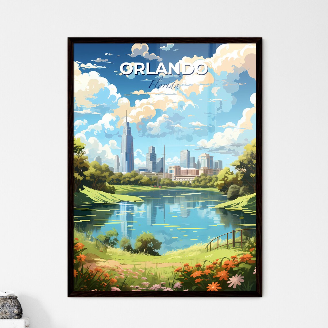 Orlando Florida Colorful Lakeside City Skyline Travel Poster